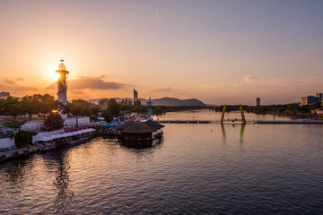 Fototapeta premium Sunset over Copa Cagrana /Donauinsel in Vienna, Austria 