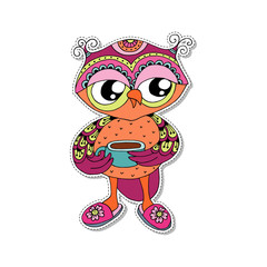 Cute colorful cartoon owl with blue cup on white background.