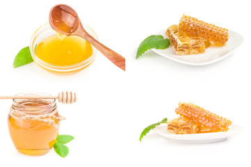 Collage of honey isolated on a white background cutout