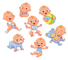 Happy smiling newborn boy in different situations