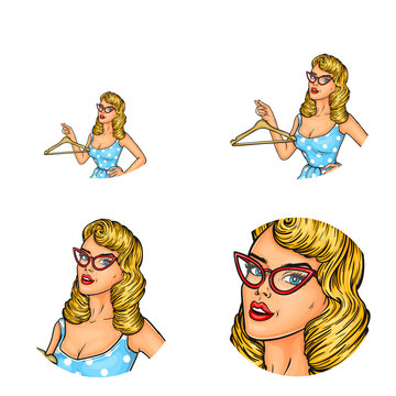 Vector set of female round avatars for users of social networks, blogs, profile icons in pop art style. Pin up attractive blonde girl holds a clothes hanger in her hand and dreams about shopping