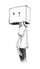Girl with a paper bag on her head. Sad hand drawn illustration about mental problems, depression, social phobia, bipolar disorder.