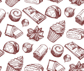 Seamless texture with hand drawn graphic chocolate set. Muffin, chocolate bar, cookie, candy. Can be used for bakery, sweet shop or your design. Repeating background. Tile pattern.