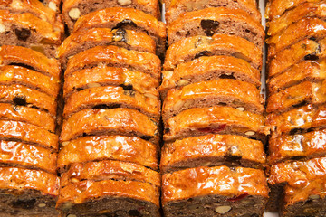 dessert in the form of bread, pie with nuts and fruits
