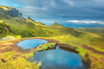 Dramatic landscapes of the Quiraing (A' Chuith-Raing), a landslip on the Isle of Skye in the Highlands of Scotland.