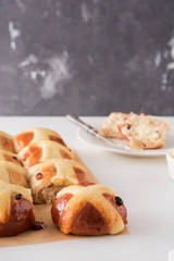 Homemade Easy traditional Hot Cross Buns, perfect for Easter. Toast and spread with butter.