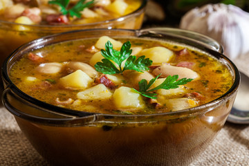 White bean soup with potatoes and bacon