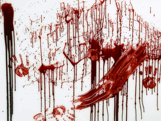 Blood like spatter and human hand prints on white background 