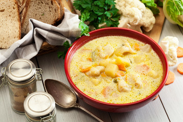 Vegetable soup with ingredients carrot, cauliflower, potato and parsley