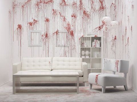 Blood like spatters on walls of white furnished living room, simulation  
