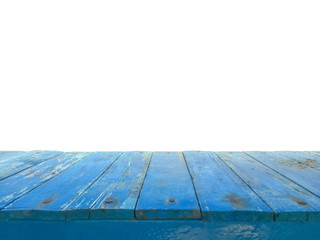 Blue wooden floor top view with white background. Wood texture blue background. Hardwood, wood grain, organic material grunge style. Vintage timber texture background. Wooden table top view.