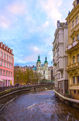 embankment of Tepla river in the center of Karlovy Vary, Czech republic
