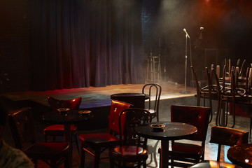 Empty stage area in smokey room 