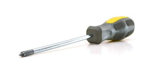 Yellow screwdriver and screws isolated on white background