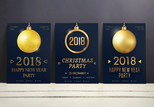 Christmas and New Year Party Flyer Set with Gold Ornament Element 1
