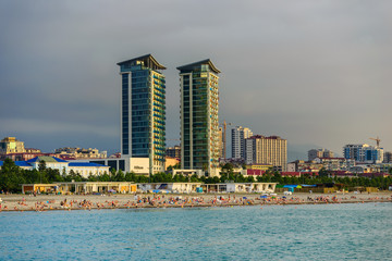 Fototapeta premium BATUMI, ADJARA, GEORGIA - JULY 2: Batumi Hilton Hotel & Residences, under construction on July 2, 2017 in Batumi. This mixed-use development is located adjacent to the Black Sea.