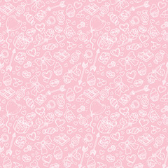 Vector pattern in sketch style for Valentine's Day. Rose, balloon, engagement ring, kiss, lips, hearts, ice cream, chocolate, candy, cherry, arrows. Valentine's day, wedding, love and romantic events.
