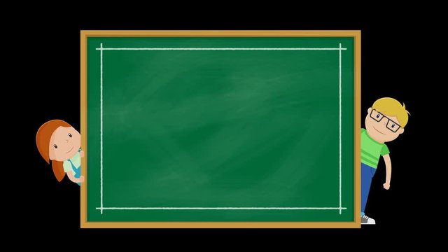 boy and girl come from behide chalkboard ,loop with alpha channel