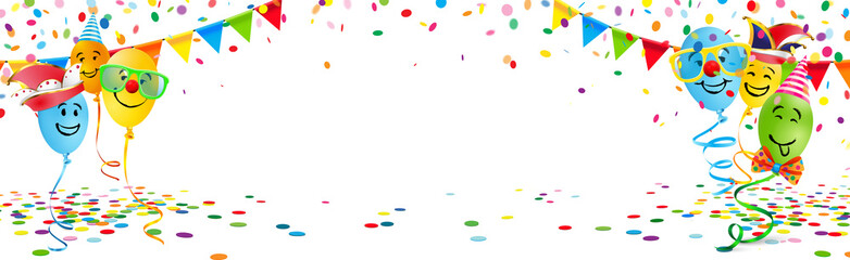 Bunte Luftballons mit lustigen Gesichtern, Konfetti, Wimpel Girlanden und Textfreiraum - Banner