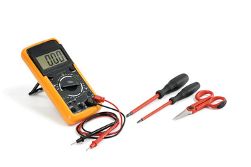 Close-up of work equipment on electrical installations, on a white background.