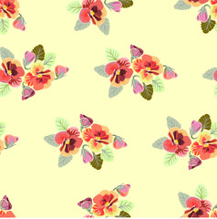 Viola flowers on a yellow background for fabric design, wallpaper, decoration.