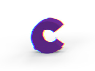 3D realistic glitch uppercase letter C with soft shadow isolated on white background - Path selection on file.