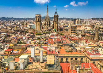 Fototapeta na wymiar Central Barcelona skyline, view from the bell tower of Church of Sants Just i Pastor in the Gothic Quarter.