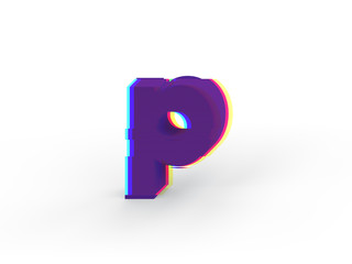 3D realistic glitch lowercase letter p with soft shadow isolated on white background - Path selection on file.