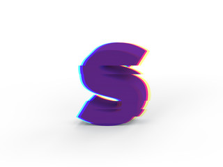 3D realistic glitch uppercase letter S with soft shadow isolated on white background - Path selection on file.