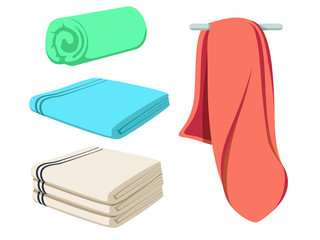 Cute cartoon folded vector towels set. Colored soft beach towel mockup. Clear wiper.