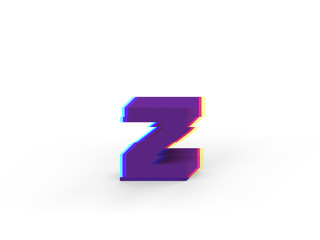 3D realistic glitch lowercase letter z with soft shadow isolated on white background - Path selection on file.
