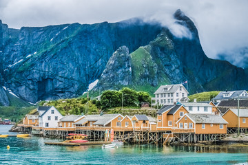 The fishing village of Sakrisoy, Reinefjord, Lofoten Islands, Nordland, Norway. 