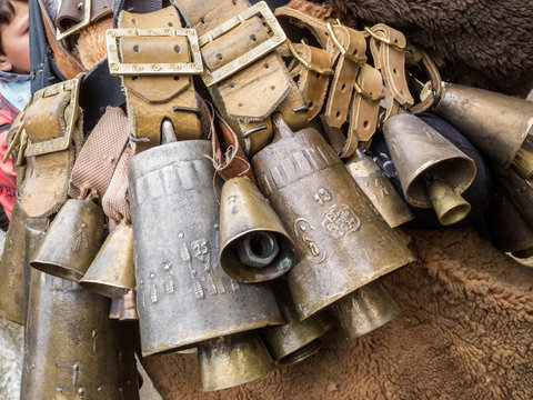 The specific Bulgarian bells - chanove, on the waist of a participant at the Kukeri Festival Pesponedelnik in Shiroka Laka, Bulgaria