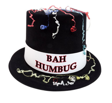 Celebration costume top hat with confetti streamers and BAH HUMBUG sentiment. Isolated.