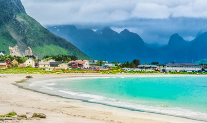 The turquoise waters and white sand beaches of Ramberg, Flakstadoy, Lofoten Islands, north of the Arctic Circle. Tropical feel in the Arctic