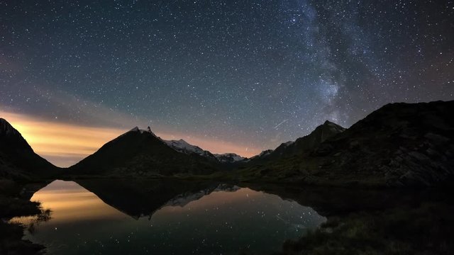 Milky Way Time lapse starry sky beyond snowcapped mountain ridge, reflected on idyllic apine lake.