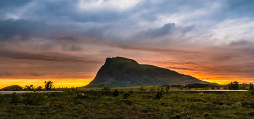 Midnight sun on the Gimsoya Island, Lofoten Islands, Nordland, Norway. Located north of the Arctic...