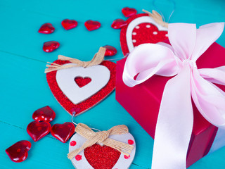 Concept of Valentine, decor for Valentine's day, heart, gifts and flowers. copy space