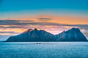Stunning midnight sun coastal landscapes, Lofoten Islands, Nordland, Norway.