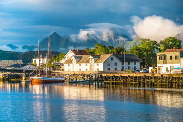 Fototapeta na wymiar Old town of Svolvaer, Lofoten Islands, Nordland, Norway. Located north of the Arctic Circle. Natural beauty, distinctive scenery, dramatic mountains and peaks, fjords and picturesque villages.