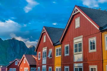 Fotobehang Old town of Svolvaer, Lofoten Islands, Nordland, Norway. Located north of the Arctic Circle. Natural beauty, distinctive scenery, dramatic mountains and peaks, fjords and picturesque villages. © Luis