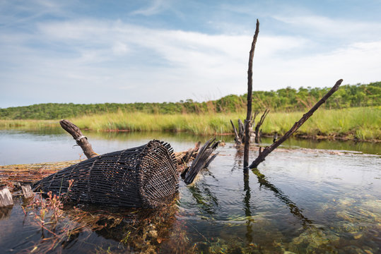 Cesto, armadilha artesanal para pesca no rio Cuanavale, prov&iacute;ncia do Moxico em Angola