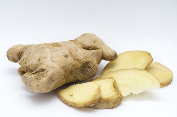 Sliced ginger on a white background