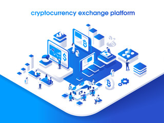 Cryptocurrency and blockchain isometric composition with people, analysts and managers working on crypto start up. Isometric vector illustration.