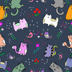 Cute Cat seamless pattern with Little Bird on colorful background Vector illustration.Doodle Cartoon style