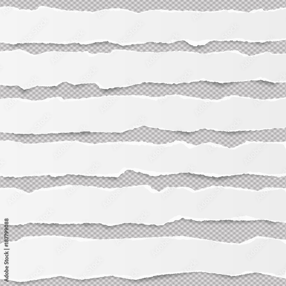 Poster white torn blank horizontal note paper strips for text or message stuck on gray background with shad
