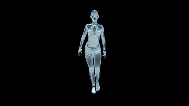 Humanoid robot, female android walking in different directions, cyborg isolated on black background, 3D animation