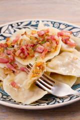 Dumplings with filling: cabbage and carrot, served with bacon and onion. Varenyky, vareniki, pierogi, pyrohy. Vertical