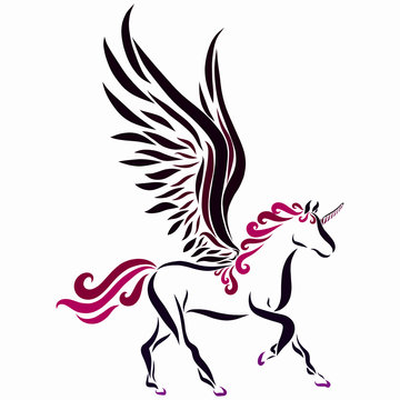 Beautiful winged unicorn, painted curls and flowing lines
