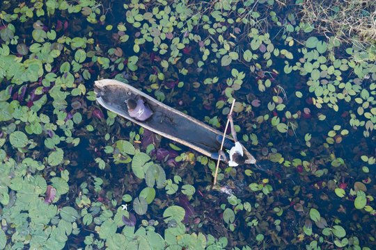 Crian&ccedil;as pescadores artesanais em canoas (mocoros/macoros) no rio Cubango, prov&iacute;ncia do Cuando Cubango, Angola